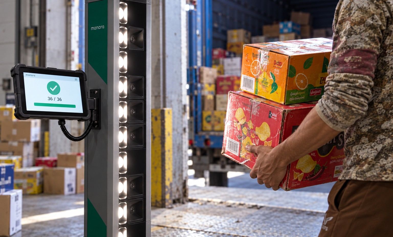 A Manara Beacon tower with its tablet reading 36 of 36, as a porter carries two cases past it